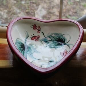 Gail Pittman 10" Heart Valentine Day Bowl Floral Signed Glazed Art Pottery